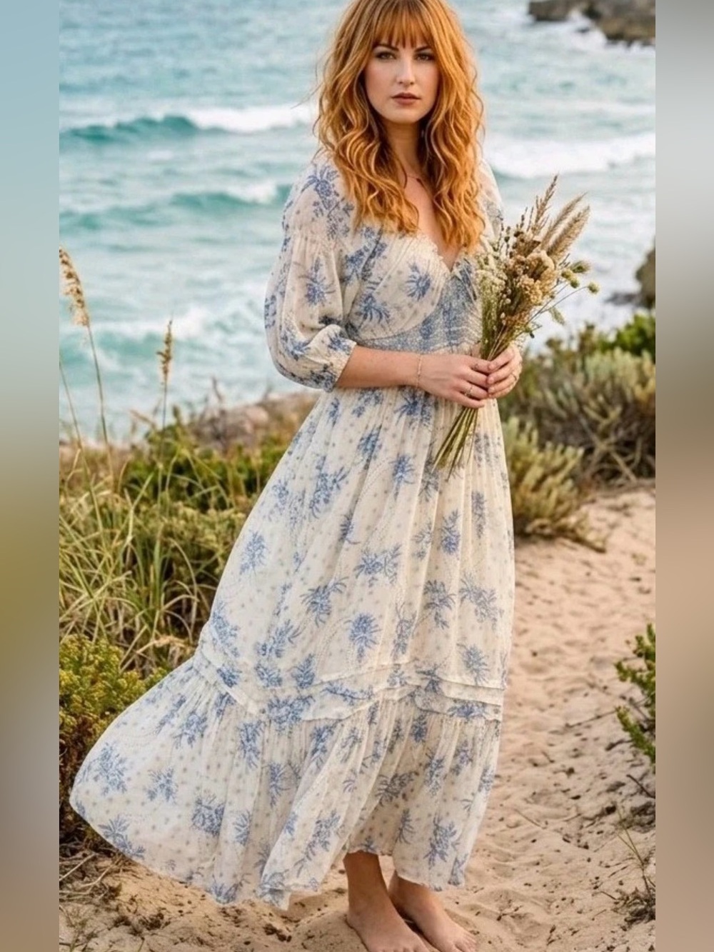 Free People Cream Maxi Dress with Blue Floral Print